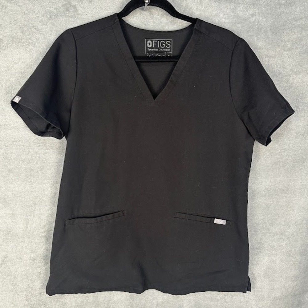 Figs Casma Scrub Top Womens Medium Black Three Pocket Short Sleeve Medical
